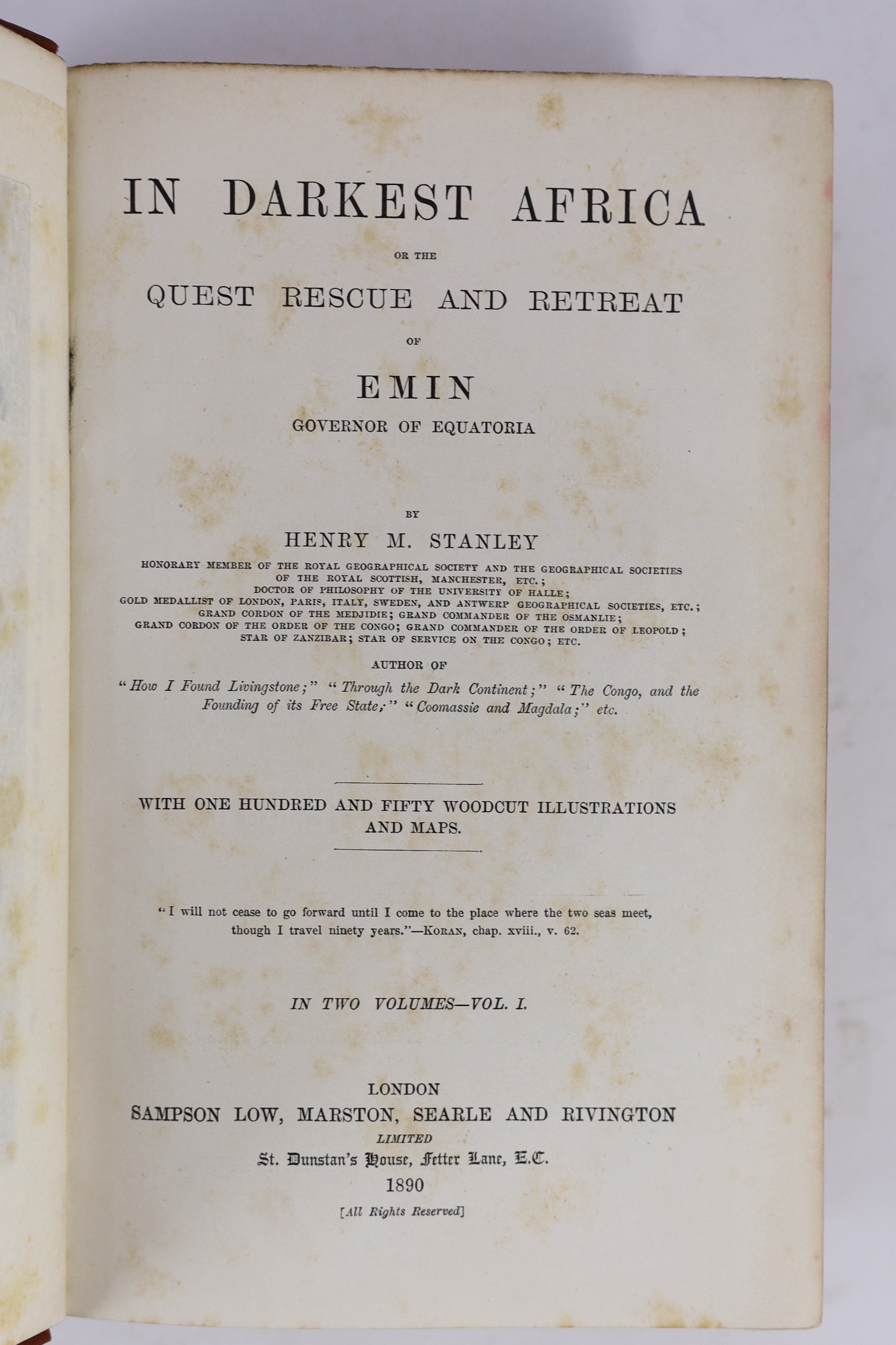Stanley, Henry Morton, Sir - In Darkest Africa, or the Quest Rescue , and Retreat of Emin, Governor of Equatorial, 1st edition, 2 vols, 8vo, original pictorial cloth gilt, with 4 maps (1st map in vol 1 torn and with loss